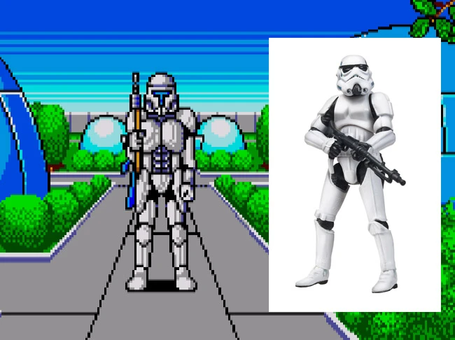 Soldado de Phantasy Star e Stormtroopers de Star Wars