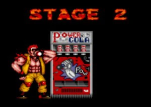 lutador tomando bebida ao lado de máquina automática de "Power Cola"